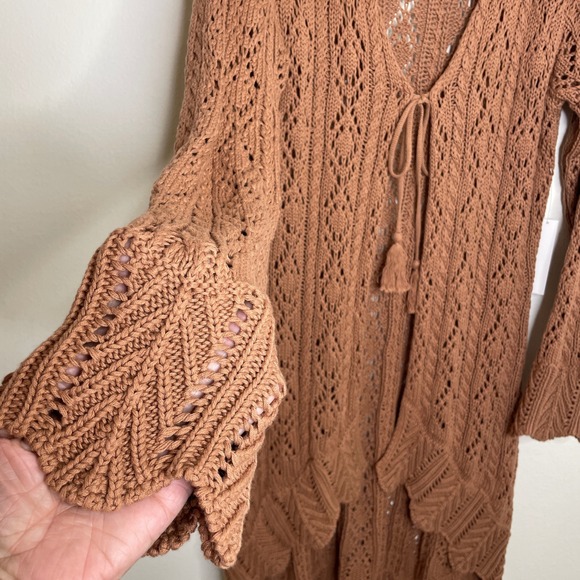 Venus Crochet Cardigan Womens 2X Brown Front Tie Tassel Cotton Longline Festival - Picture 3 of 10
